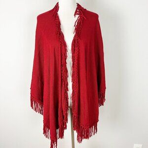Coldwater Creek Red Fringe Sweater Cape Shawl Poncho Wrap One Size Women's